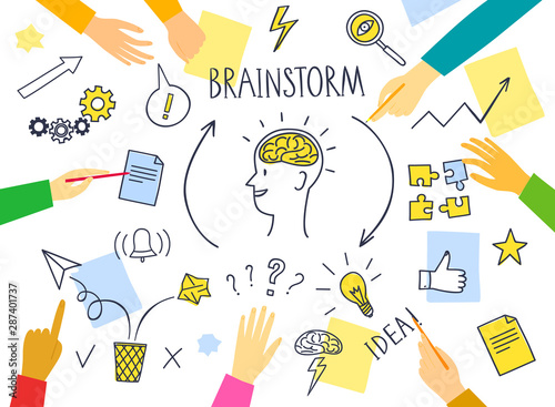 Brainstorm and teamwork banner with people's hands and doodle symbols set.