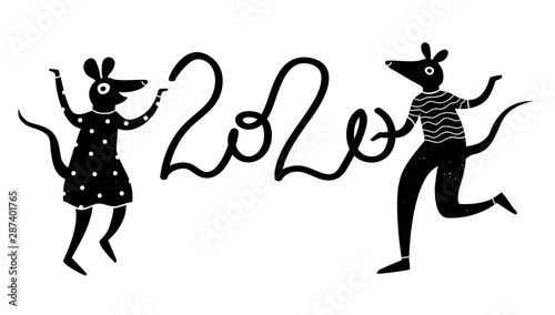 2020 happy new year party print design with dancing rats. Vector doodle illustration with animals.