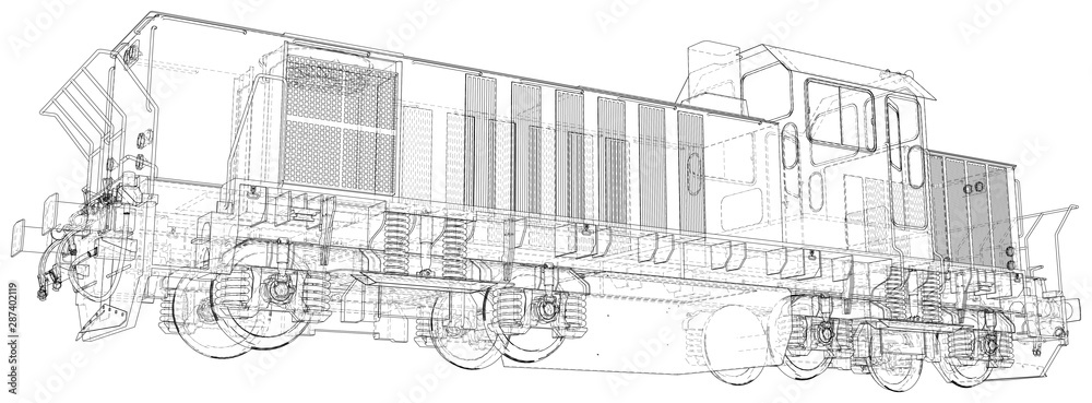 Locomotive wire-frame. Vector illustration. Tracing illustration of 3d.
