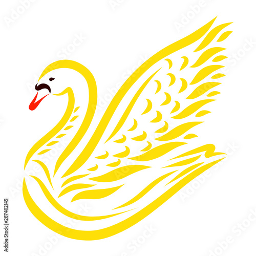 A graceful yellow swan raising a wing  bright pattern