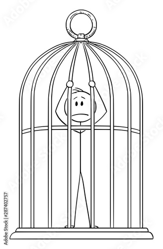 Vector cartoon stick figure drawing conceptual illustration of man or businessman trapped in golden bird cage.