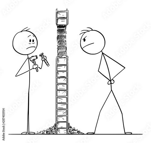 Vector cartoon stick figure drawing conceptual illustration of man with hammer and chisel,who knock a hole in wall to his neighbor flat during home repair.