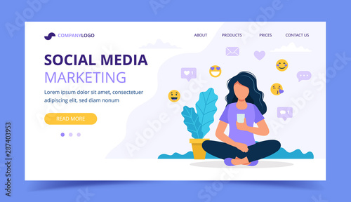 Woman with a smartphone and different social icons, social media marketing landing page template. Vector illustration in flat style