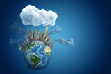 3d rendering of planet Earth with high-rises and smoking factories, under raining cloud on blue gradient background with copy space.