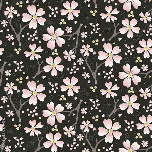Hand drawn cherry blossom seamless pattern. Japanese sstyle tossed moody dark floral ditsy background. Soft pink neutral tones. All over print for asian home decor, fashion. Vector swatch repeat. photo