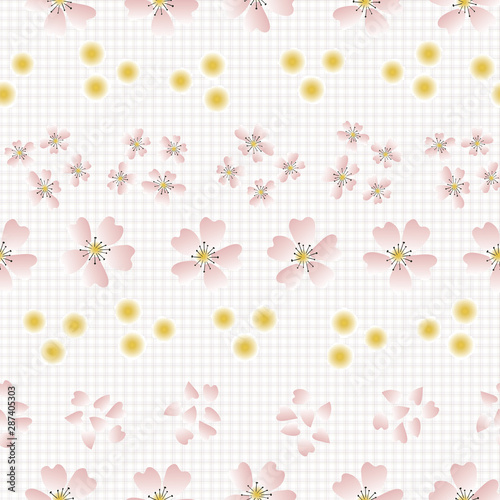 Hand drawn cherry blossom seamless pattern. Japanese spring style geo botanical on grid background. Soft pink neutral tones. All over print for asian home decor, fashion. Vector swatch repeat.