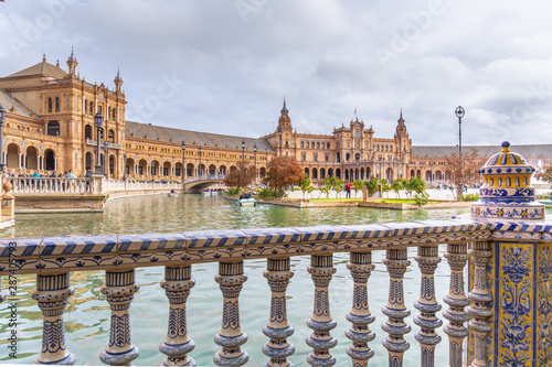 Spain, Andalusia, Seville, foreshortenings of the architectures of Plaza de Espana