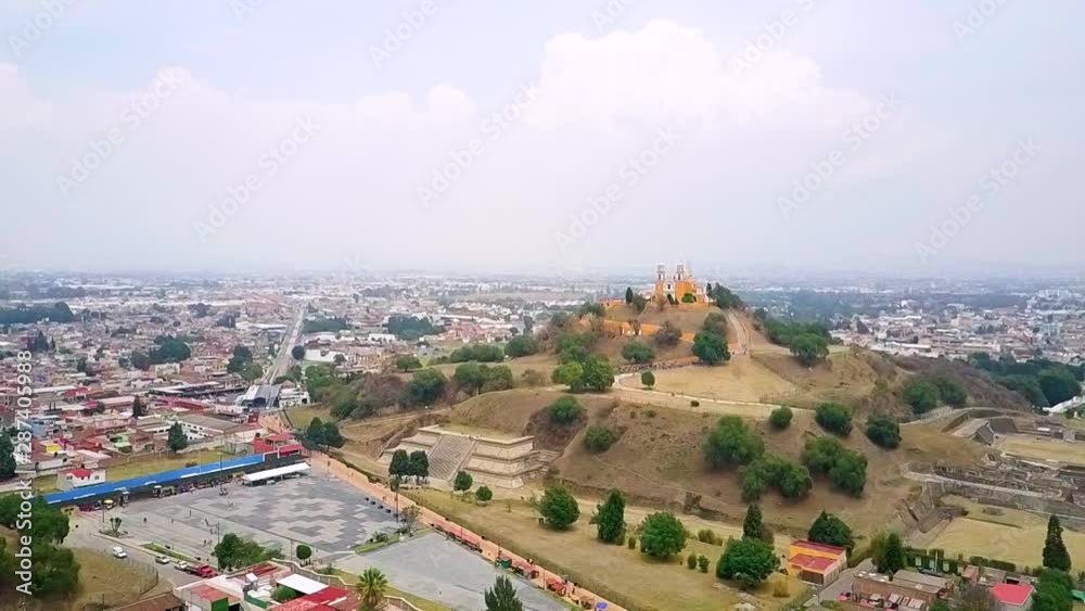 Cholula Mexico Church on Pyramid in Puebla aerial footage Cholula Mexico Church on Pyramid in Puebla aerial footage