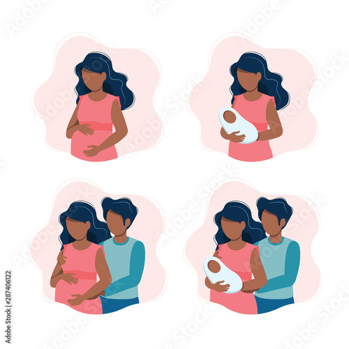 Black pregnant woman, woman holding a newborn baby, an expecting black couple, parents with a baby. Vector illustration in cartoon style.