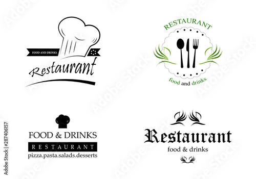 Food And Restaurant Logo Set - Isolated On White Background. Vector Illustration For Cook, Chef, Kitchen, Bar, Hat, Fork And Knife Logo. Restaurant And Food Logo For Bistro, Cook Elements And Labels