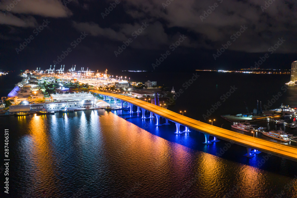 Night aerial photo Port of Miami and neon bridge