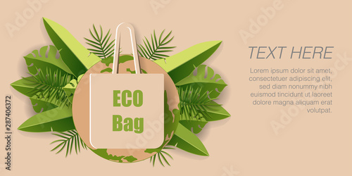Paper art of green leaves and ECO bag with text, ECO friendly and environment conservation concept, Flat and digital craft style vector illustration.