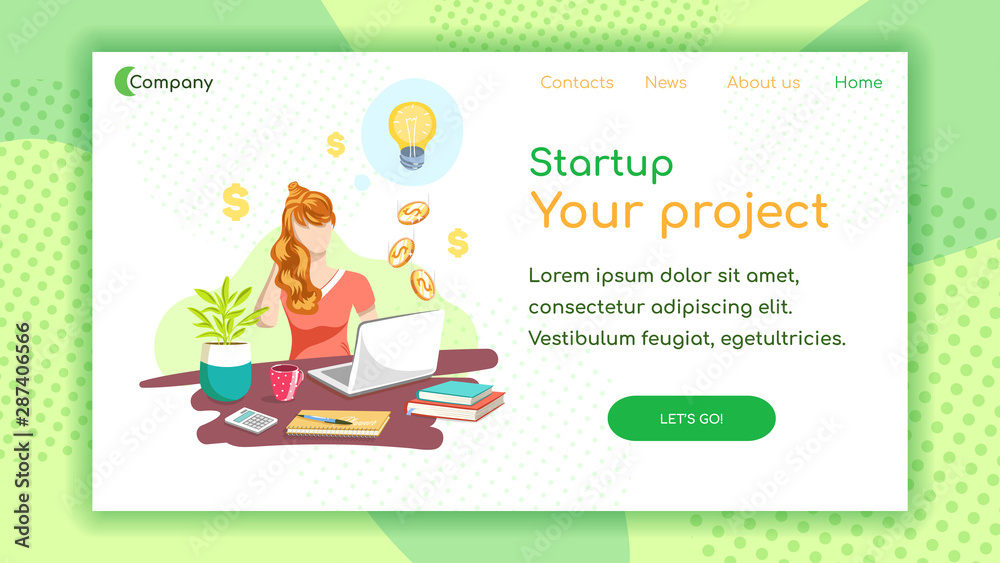Landing page template. Young successful businesswoman working on laptop. Vector illustration