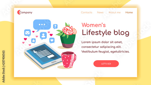 Landing page template. Workplace of female blogger. Bright vector illustration concept for websites
