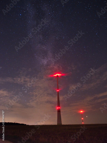 Wind turbines on the starry night sky with milkyway
