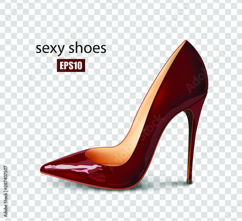Burgundy color patent leather shoes isolated on a transparent background, beautiful women's shoes, classic shoes, high-heeled shoes. 3D effect, vector illustration. EPS10