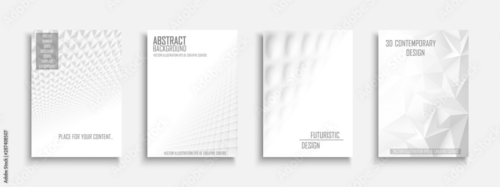 Collection of vector abstract contemporary templates, covers, placards, brochures, banners, flyers, backgrounds. White futuristic creative 3d design