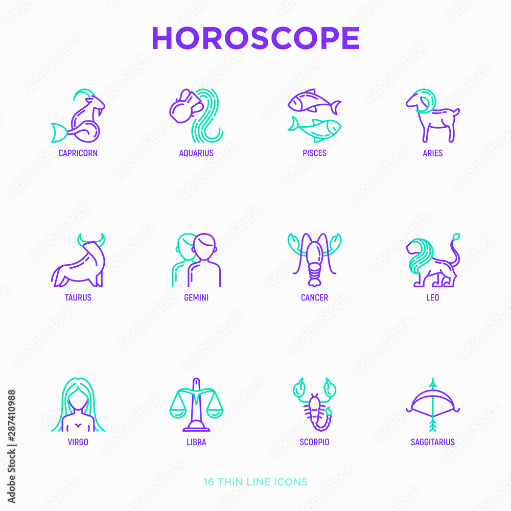 Horoscope thin line icons set. Zodiac signs: capricorn, aquarius, aries, pisces, virgo, libra, scorpio, sagittarius, taurus, gemini, leo. Modern vector illustration. Horoscope thin line icons set. Zodiac signs: capricorn, aquarius, aries, pisces, virgo, libra, scorpio, sagittarius, taurus, gemini, leo. Modern vector illustration.