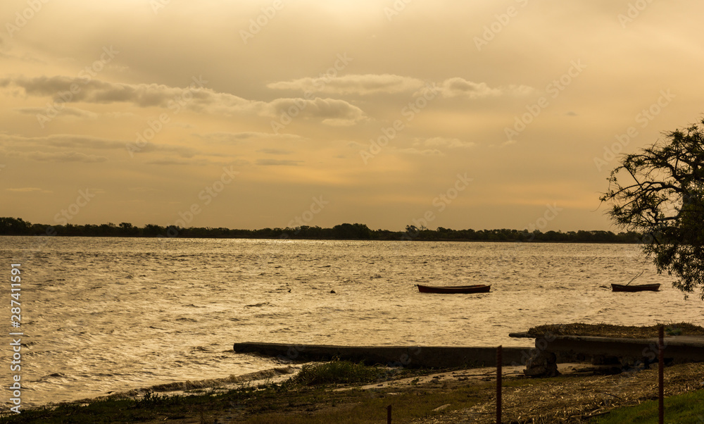 Sunset on Rio Uruguay border between Uruguay and Argentina