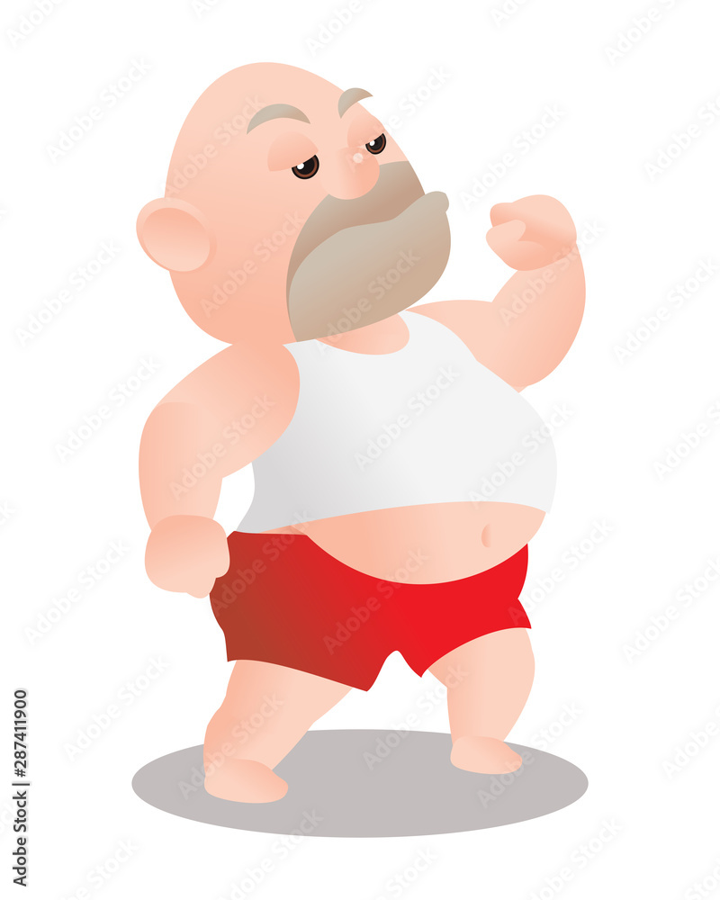 Middle age of bald fat man dancing. concept of Strong healthy fat man exercising. vector illustration isolated cartoon Middle age of bald fat man dancing. concept of Strong healthy fat man exercising. vector illustration isolated cartoon