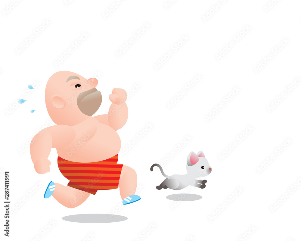 Funny vector illustration of fat bald man running excercising. Concept of  Strong healthy fat man. cartoon Stock Vector | Adobe Stock
