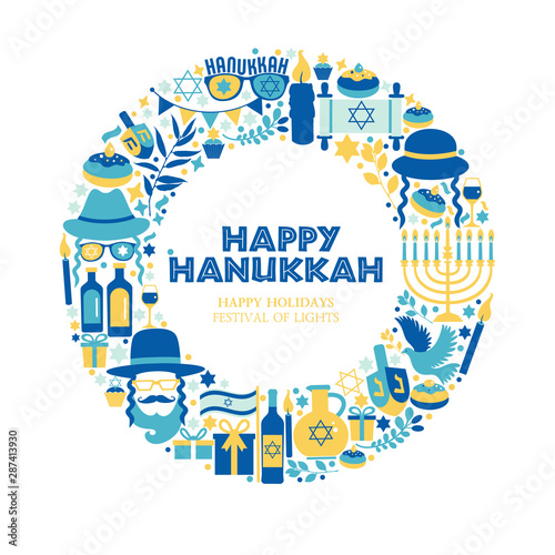 Jewish holiday Hanukkah greeting card traditional Chanukah symbols- dreidels spinning top, donuts, menorah candles, oil jar, star David illustration in wreath.