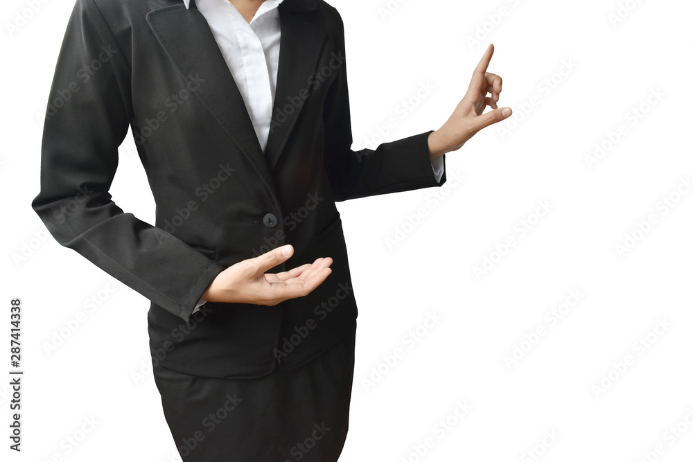 Business woman with hand showing blank sign isolated on white background with clipping path. Business woman with hand showing blank sign isolated on white background with clipping path.