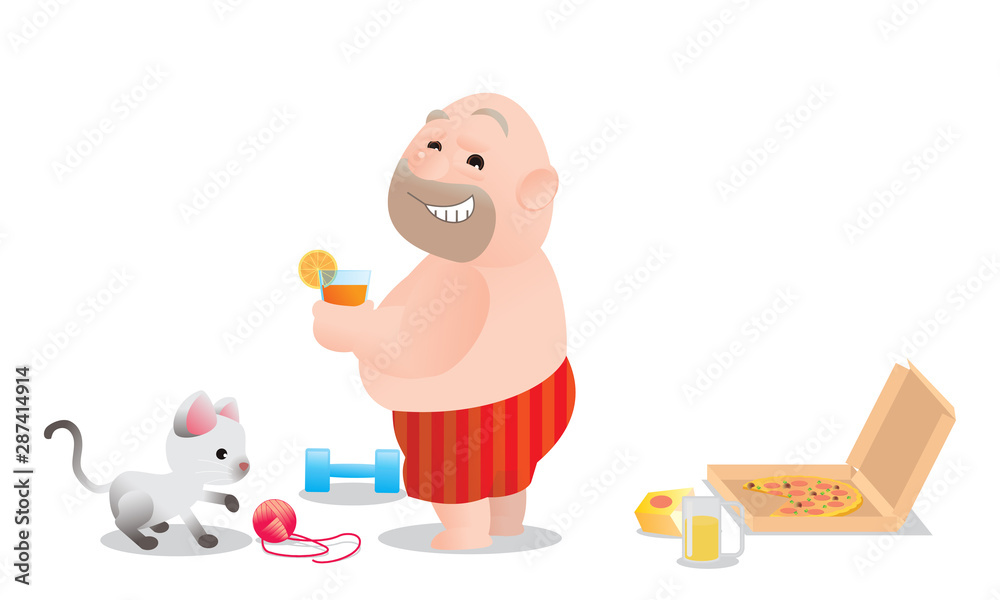 Vector illustration of bald fat man drinking orange juice. ignore junk  food. Concept of Strong healthy fat man. Funny cartoon Stock Vector | Adobe  Stock
