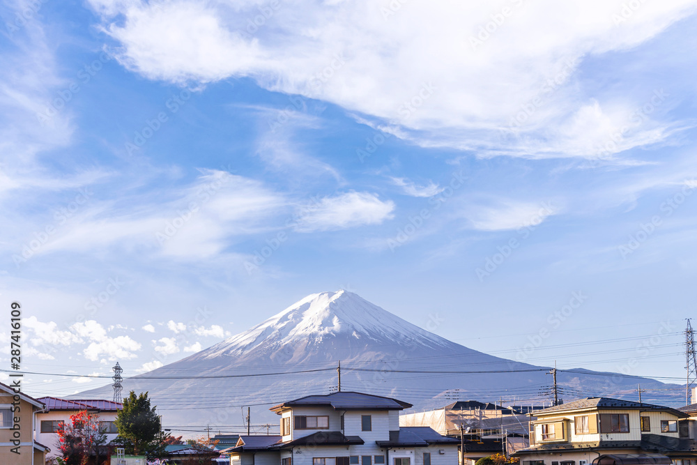 Fuji mountain and japanese house around kawaguchiko lake in autumn season. Japan at Kawaguchiko, Yamanashi, Japan