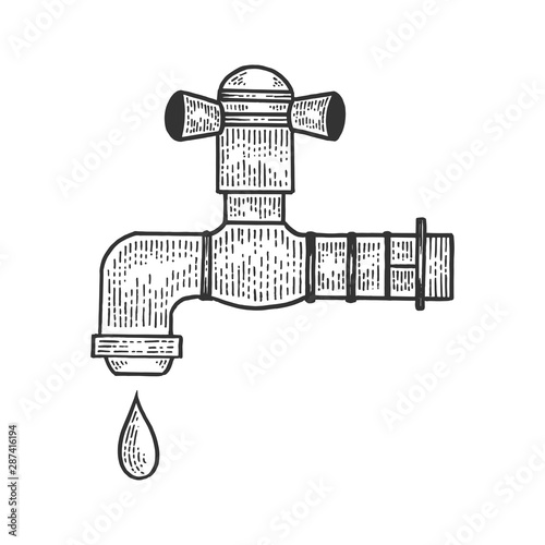 Water tap with drop sketch engraving vector illustration. Tee shirt apparel print design. Scratch board style imitation. Hand drawn image.