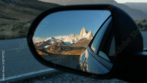 Mountains reflection in the car mirror. Patagonia Argentina