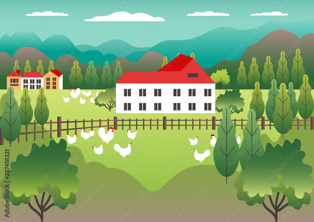 Obraz premium Rural valley Farm countryside. Village landscape with ranch in flat style design. Landscape with detached house farm one family house, barn, building, tree, background cartoon vector illustration