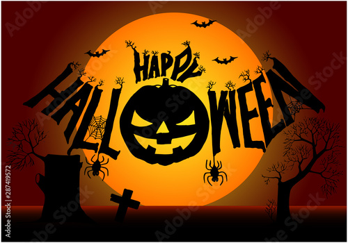Halloween night background with pumpkin. Halloween party. Vector illustration.