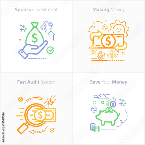 Sponsor investment concept icon   Making money concept icon   Fast audit system concept icon   Save your money concept icon