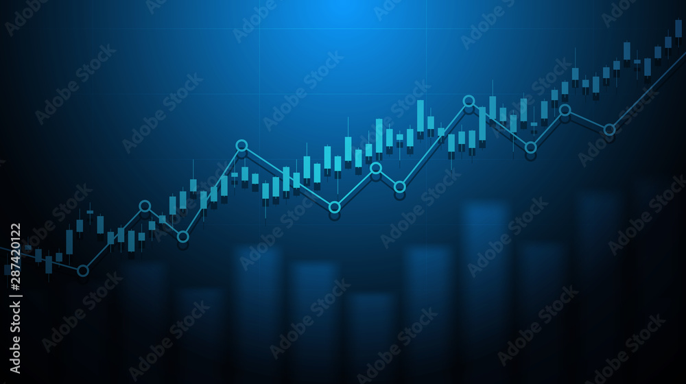 Abstract financial chart with uptrend line graph in stock market on blue color background