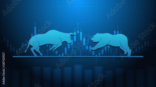 Abstract financial chart with bulls and bear in stock market on blue color background