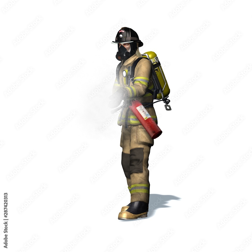 Fire fighter with fire extinguisher - isolated on white background - 3D illustration Fire fighter with fire extinguisher - isolated on white background - 3D illustration