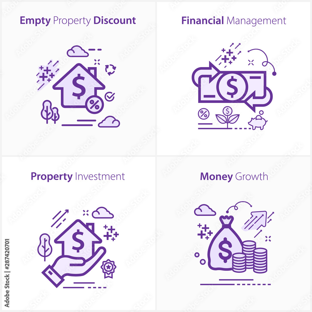 Business and Finance Flat Colorful Icon Set / Empty property discount / Financial management / Property Investment / Money growth