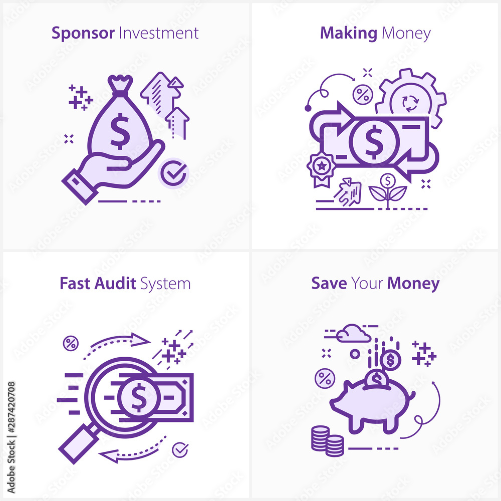 Sponsor investment concept icon / Making money concept icon / Fast audit system concept icon / Save your money concept icon Sponsor investment concept icon / Making money concept icon / Fast audit system concept icon / Save your money concept icon