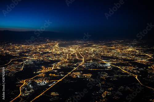 Aerial view of Moscow at night. City of Moscow picture from airplane.