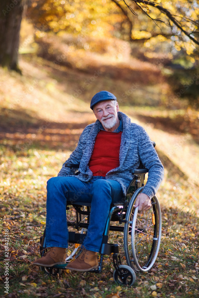 Senior man with wheelchair on walk in nature, looking at camera. Senior man with wheelchair on walk in nature, looking at camera.