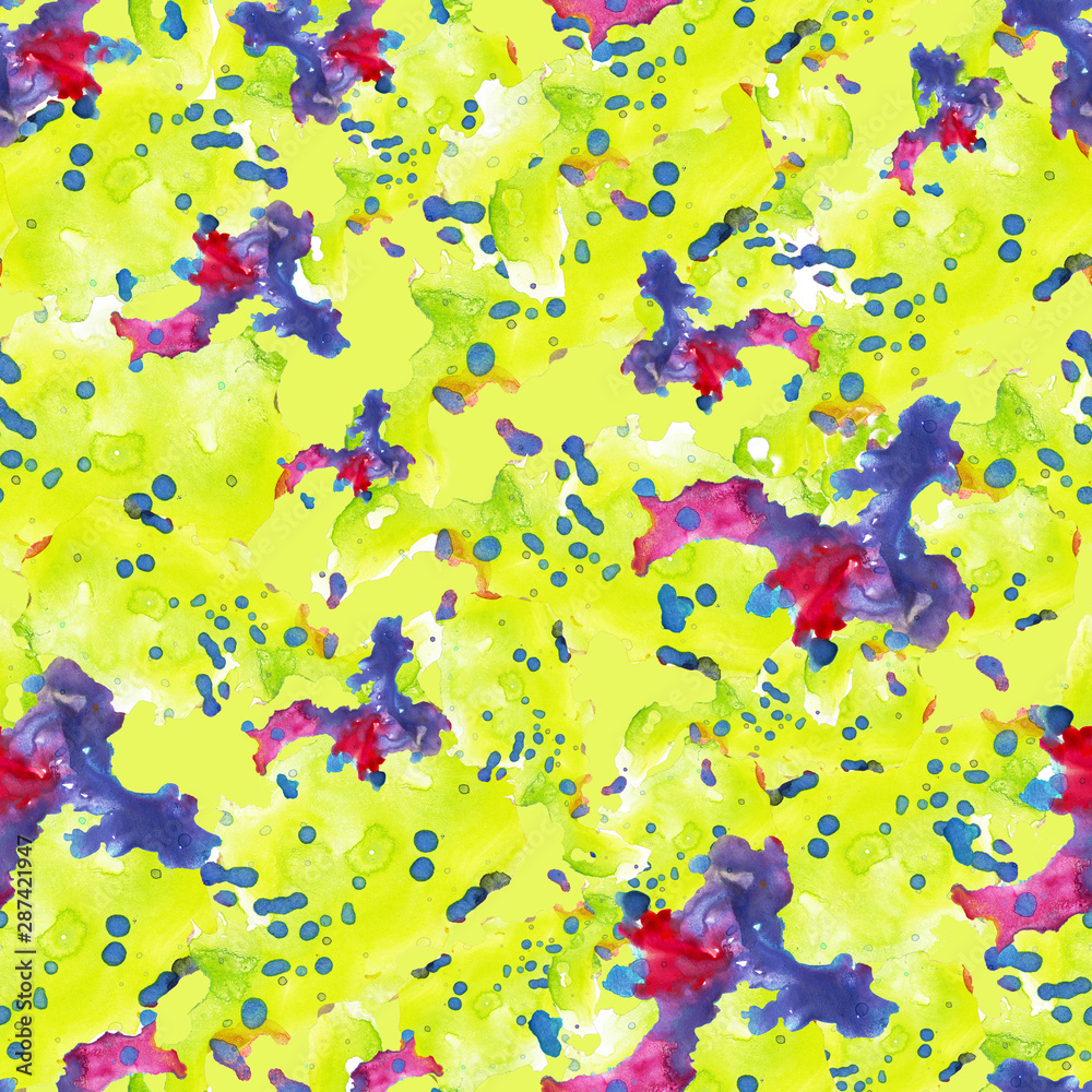 Seamless contrast watercolor background. Bright purple blue spots and splashes on a yellow background. Abstract bright seamless composition