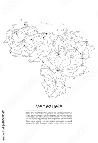 Venezuela communication network map. Vector low poly image of a global map with lights in the form of cities in or population density consisting of points and shapes and space. Easy to edit