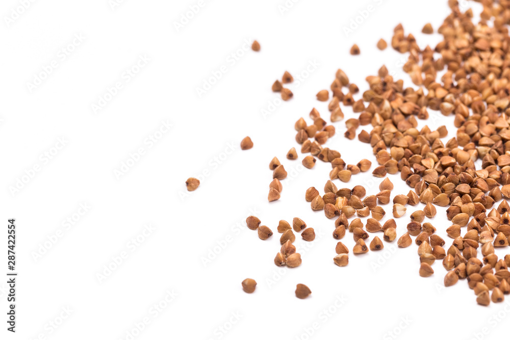 Organic buckwheat close up and top view, food background with space for text Organic buckwheat close up and top view, food background with space for text