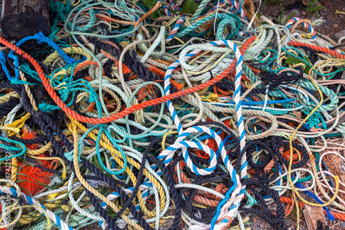 A jumbled tangled pile of colorful lobstering ropes. photo