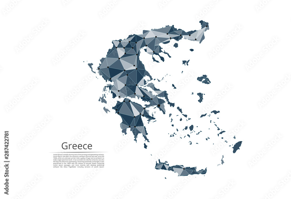 Map of Greece connection. Vector low-poly image of a global map with lights in the form of cities or population density, consisting of points and shapes in the form of stars and space.