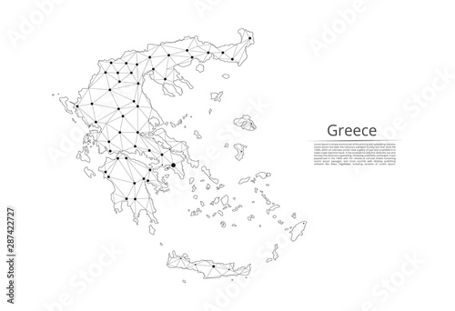 Map of Greece connection. Vector low-poly image of a global map with lights in the form of cities or population density, consisting of points and shapes in the form of stars and space.