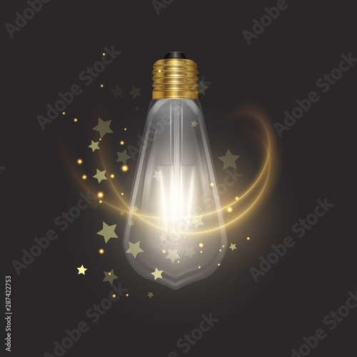 The bulb in retro style on dark substrate, glowing light bulb in realistic style Vector illustration