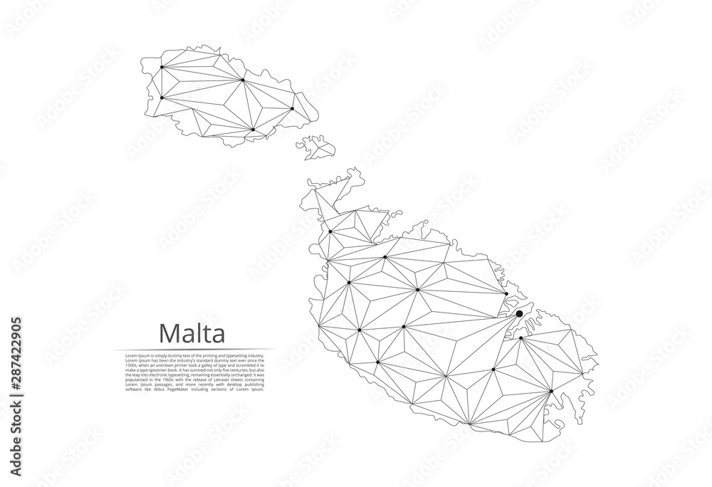 Map of Malta connection. Vector low-poly image of a global map with lights in the form of cities or population density, consisting of points and shapes in the form of stars and space. Map of Malta connection. Vector low-poly image of a global map with lights in the form of cities or population density, consisting of points and shapes in the form of stars and space.