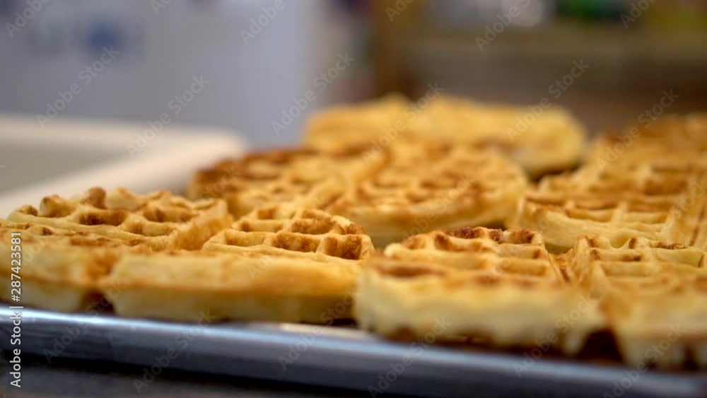 Homemade Waffles on Tray, Macro Slider Shot with Selective Focus Homemade Waffles on Tray, Macro Slider Shot with Selective Focus